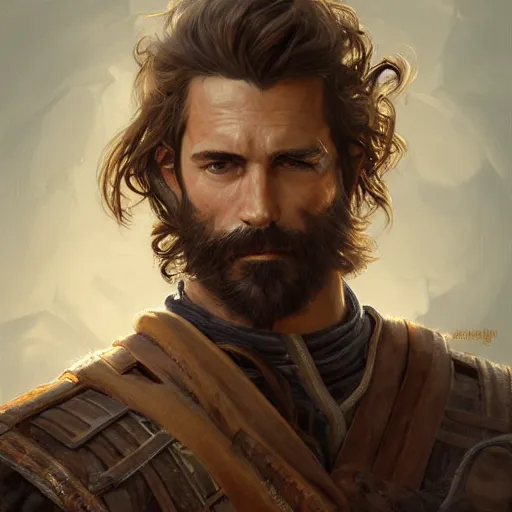 Image similar to portrait of a ruggedly handsome swordsman, soft hair, muscular, half body, leather, hairy, d & d, fantasy, intricate, elegant, highly detailed, digital painting, artstation, concept art, smooth, sharp focus, illustration, art by artgerm and greg rutkowski and alphonse mucha