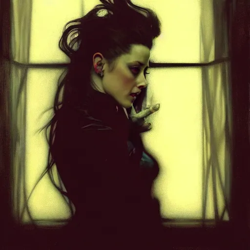 Image similar to hyperrealistic portrait of a woman as amber heard as a vampire witch in a black coat as a reflection in a window. by jeremy mann and alphonse mucha, tears, falling red petals, fantasy art, photo realistic, dynamic lighting, artstation, poster, volumetric lighting, very detailed faces, 4 k, award winning