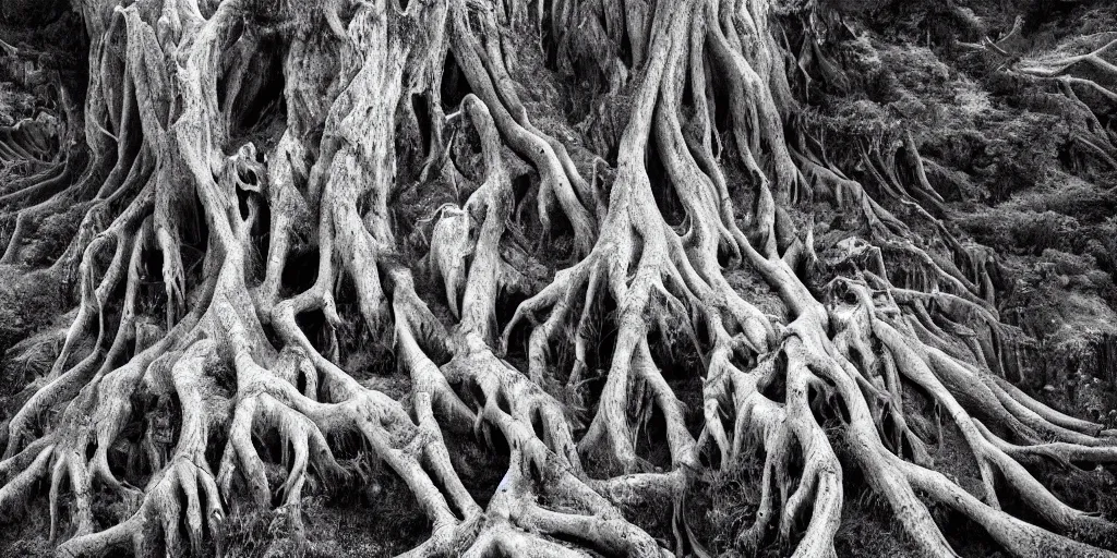 Image similar to ego perspective photography roots sprawling, climbing, forest, dolomites, alpine, detailed intricate insanely detailed octane render, 8k artistic 1920s photography, photorealistic, black and white, chiaroscuro, hd, by David Cronenberg, Raphael, Caravaggio