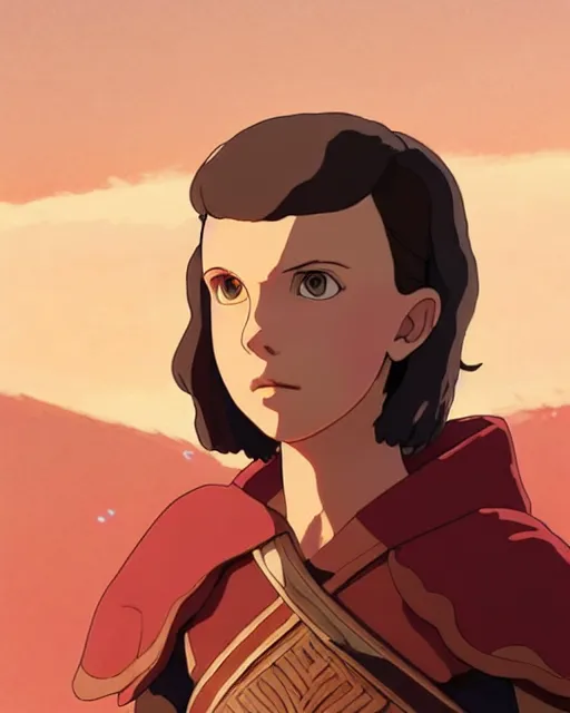 Prompt: millie bobby brown as an azctec warrior, detailed perfect face, exquisite details, fire magic, mid view, design on a white background, by studio muti, greg rutkowski makoto shinkai takashi takeuchi studio ghibli