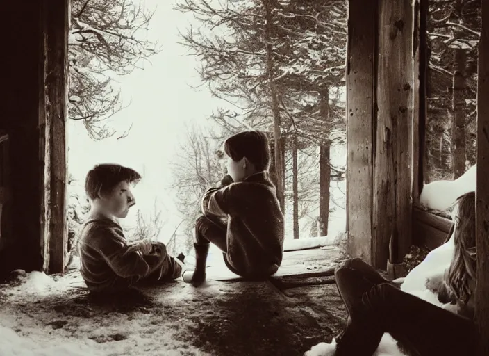 Image similar to a vintage photo of a boy and a girl with long flowing auburn hair sitting together on the porch of a cabin on a mountain overlooking a snowy landscape. atmospheric lighting, romantic, boy and girl, cold lighting, snowy.