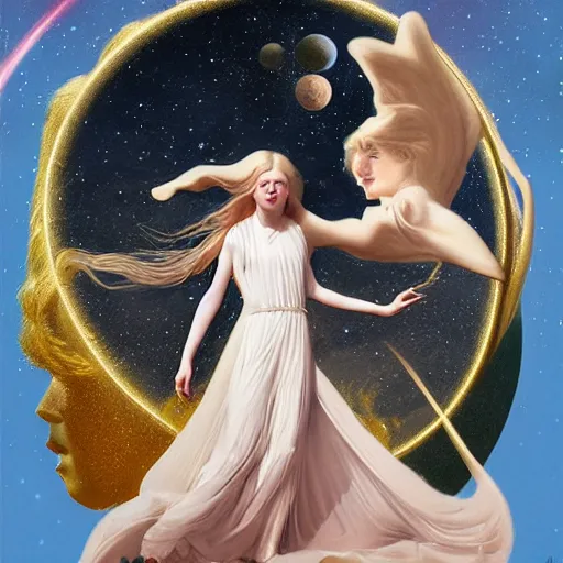 Image similar to a striking hyper real illustration of Elle Fanning in space by Edwin Blashfield, zoom out,