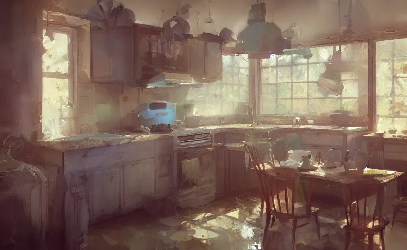 Image similar to a messy kitchen interior painting by Craig Mullins, octane rendering, warm moody lighting, wide angle lens, low view, in the style of Pixar animation, trending on artstation,