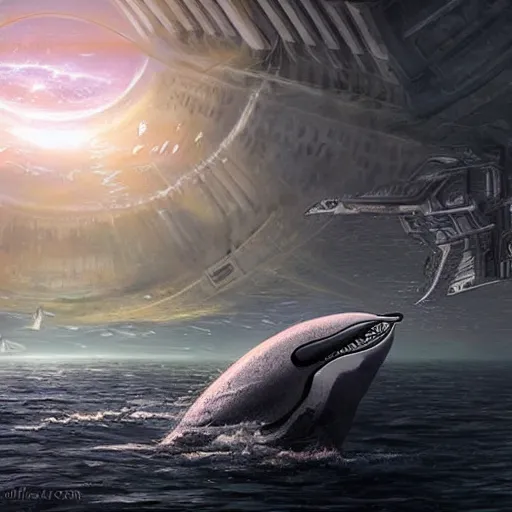 Image similar to a city under the ocean on an alien world, and a whale who feels disconnected from it wistfully watching a spaceship fly away, sci-fi digital art,