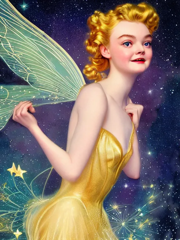 Image similar to elle fanning as tinkerbell glowing, a beautiful art nouveau portrait by Gil elvgren and Hajime Sorayama, moonlit starry sky environment, centered composition, defined features, golden ratio, gold jewlery, photorealistic professionals lighting, cinematic, sheer