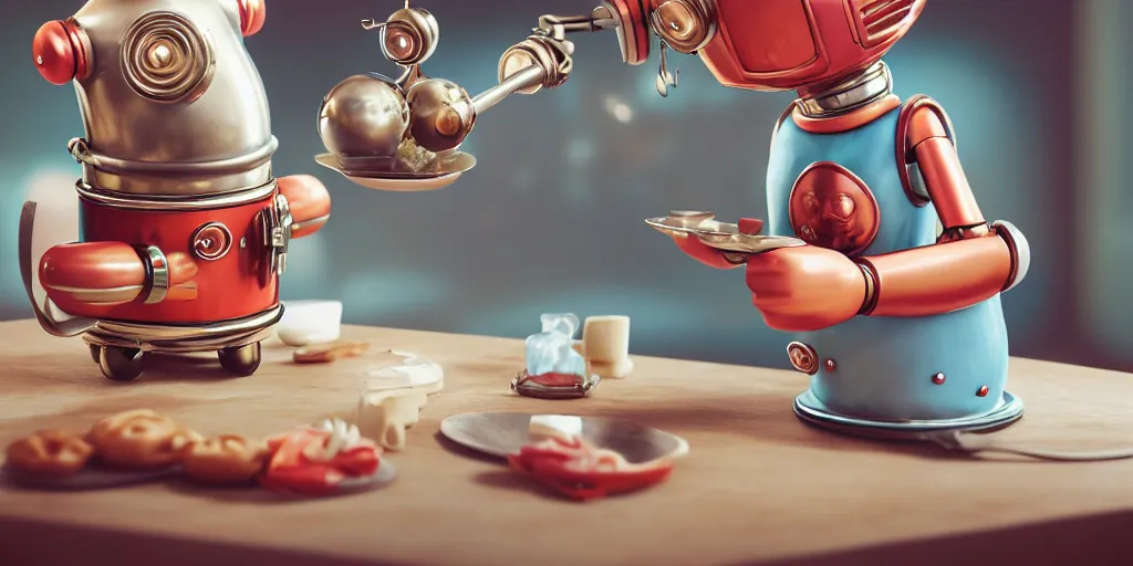 Image similar to closeup portrait of tin toy retro robot chef cooking pastry in a kitchen, depth of field, zeiss lens, detailed, centered, fashion photoshoot, by nicoletta ceccoli, mark ryden, lostfish, breathtaking, 8 k resolution, extremely detailed, beautiful, establishing shot, artistic, hyperrealistic, octane render