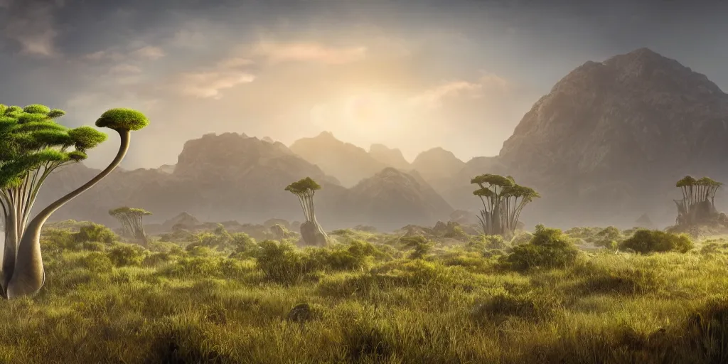 Prompt: a prehistoric fern savanna, a sauropod neck in the background, mountains, clouds, volumetric lighting, hazy, washed out, an award winning digital render, beautiful, ultradetailed, hyperrealistic, great composition