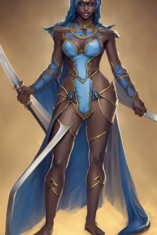 Prompt: Alluring Mesmer Woman, grown up, light yellow hair, blue eyes, dark brown skin, Light blue robes, covered, and dual swords, multiple illusory arms, full body picture, by Frank Franzetta, cgsociety, artstationHD, safebooru, high quality, HD