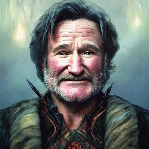 Image similar to robin williams as a sorcerer, in the style of magic the gathering, glacier landscape, d & d, fantasy, intricate, elegant, highly detailed, digital painting, artstation, concept art, matte, sharp focus, illustration, art by artgerm and greg rutkowski and alphonse mucha