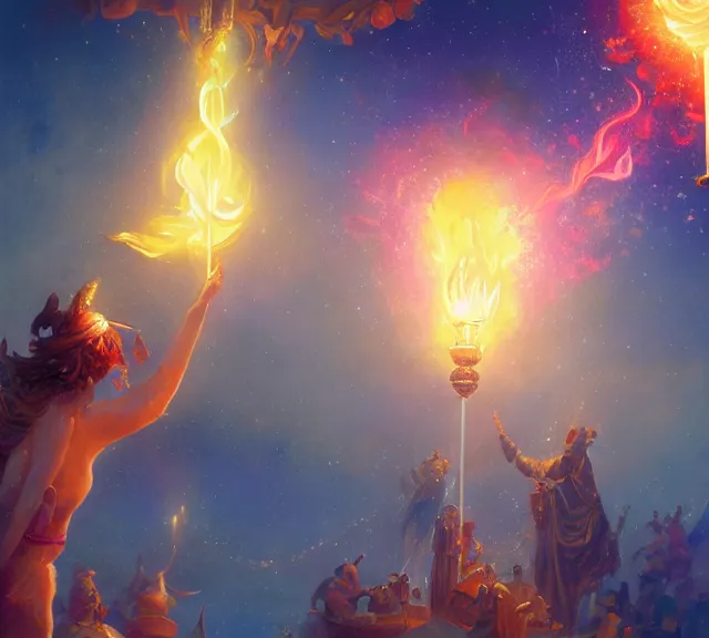 Prompt: a vibrant celestial genie floating above an array of torches, shining genie, by greg rutkowski, extreme detail, photorealistic, 8 k, immaculate shading