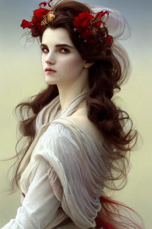 Prompt: portrait of white ghost, dark fantasy, gradient white red grey, dreamy and ethereal, brown eyes, golden ratio, peaceful expression, ornate frilly dress, fantasy, intricate, elegant, clouds and wind, highly detailed, digital painting, artstation, concept art, smooth, b sharp focus, illustration, art by artgerm and greg rutkowski and alphonse mucha