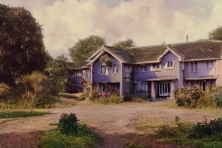 Image similar to cyberpunk, an estate agent listing external photo of a 5 bedroom detached house in the countryside, by Paul Lehr, highly detailed, photorealistic, 8k, anamorphic, cinestill cinematrography