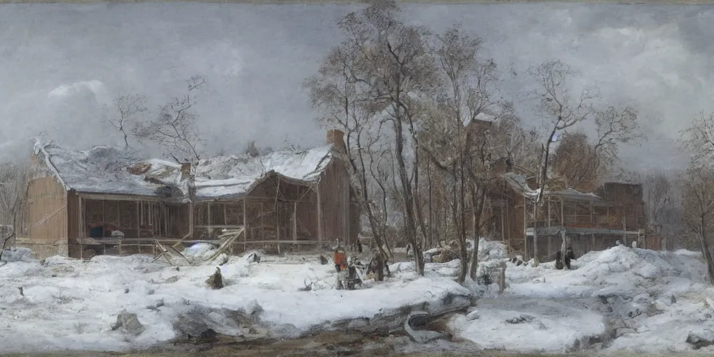 Prompt: a house in construction during a severe winter, by george henry durrie