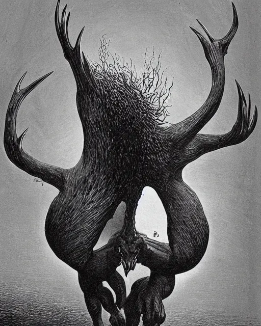 Image similar to a creature with the body and eyes of a man, with the beak of an eagle, the mane of a lion, and the antlers of a bull. drawn by moebius and zdzislaw beksinski