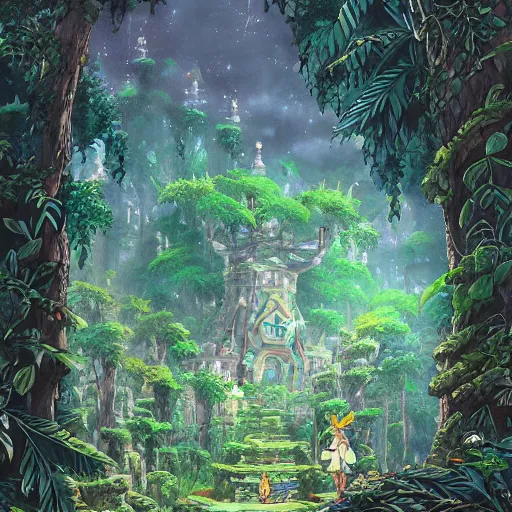 Image similar to beautiful ancient magical overgrown secret place, mysetrious etherial mesmerizing atmosphere, beautiful midnight lighting, extremely intricate, hyper detailed, hd, masterpiece, legend of zelda, studio ghibli