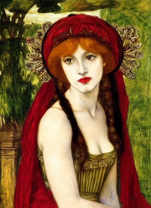 Image similar to portrait of young woman in renaissance dress and renaissance headdress, art by dante gabriel rossetti