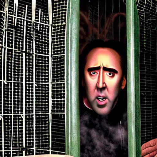 Image similar to nicolas cage trapped in a wicker cage upset with a mouth full of peas