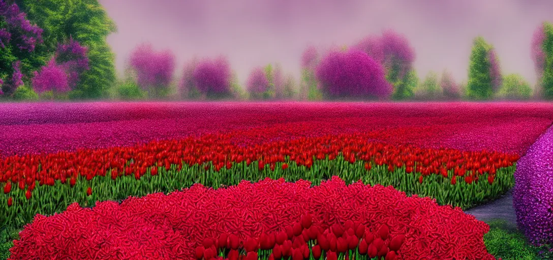 Prompt: Red lilacs and tulip paradise, lush, flowers, scenic, godrays, 4k, 8k, trending on artstation