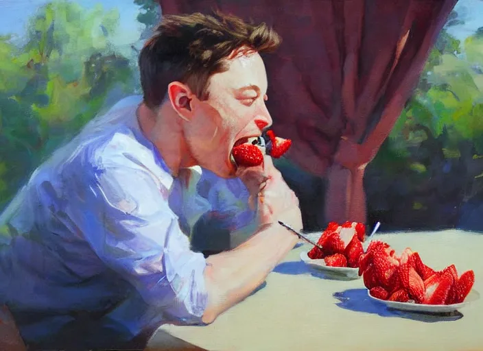 Prompt: a highly detailed beautiful portrait of elon musk eating strawberry by gregory manchess, james gurney, james jean