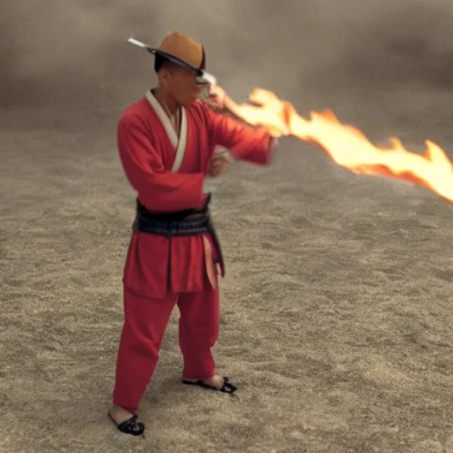 Image similar to cinematic film still Pharrell Williams starring as a Samurai holding fire, Japanese CGI, VFX, 2003, 40mm lens, shallow depth of field,film photography