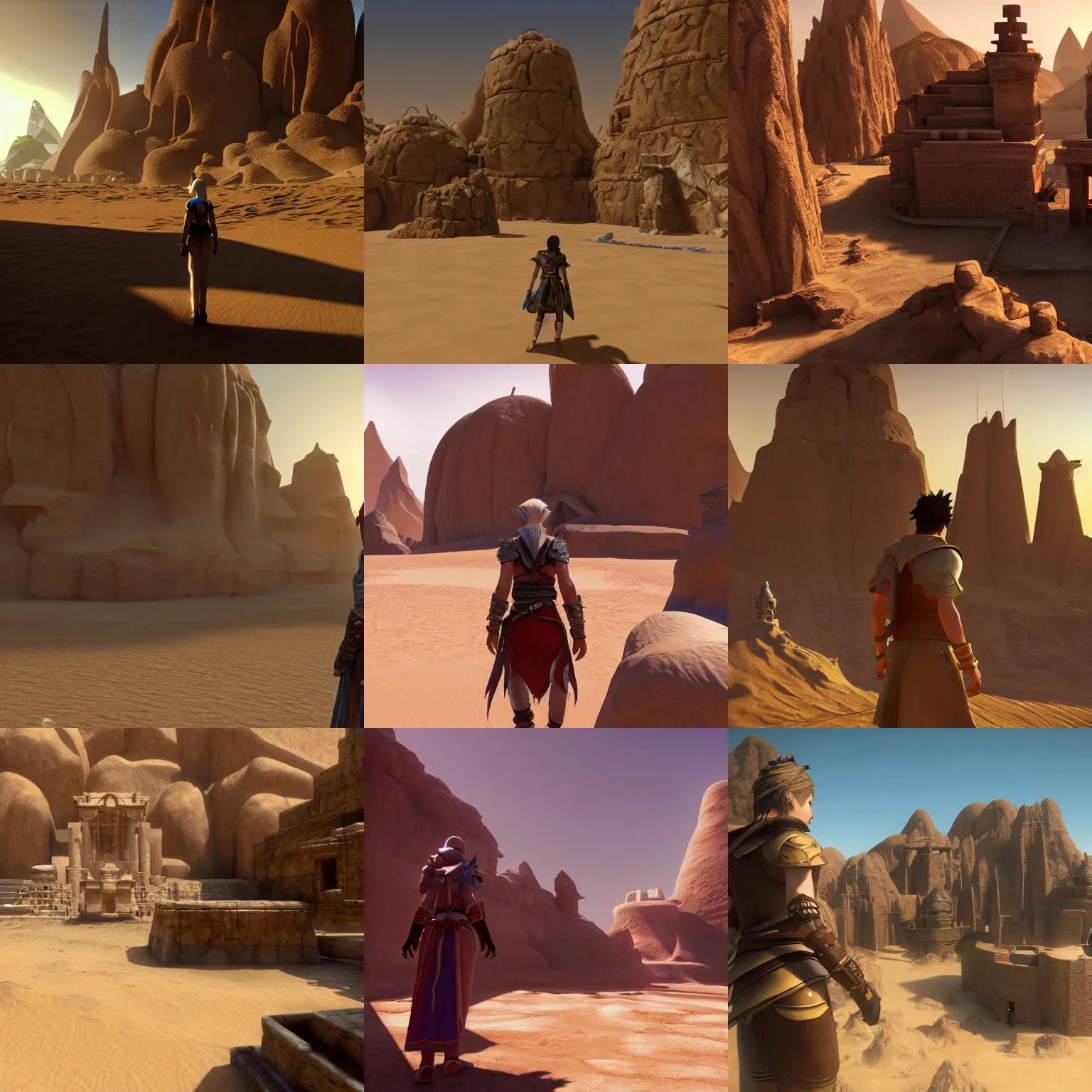 Prompt: player character looking at a godly ancient isolated sacred spiritual alien village built in the oasis of a vast sand desert, 3 rd person action adventure, screenshot, gameplay, final fantasy, square enix, jrpg, cutscene, unreal engine, 4 k, ultra high settings, rtx, next gen graphics, playstation 5