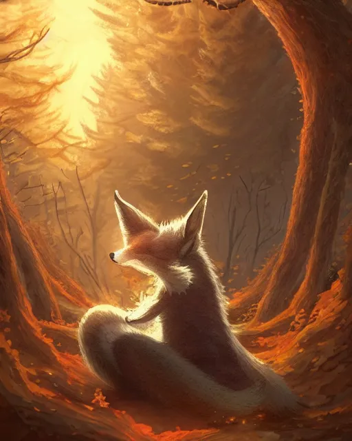 Image similar to Kitsune Fox Sorcerer meditating in the woods, nine tails, portrait, magic the gathering artwork, D&D, fantasy, cinematic lighting, centered, symmetrical, highly detailed, digital painting, artstation, concept art, smooth, sharp focus, illustration, volumetric lighting, epic Composition, 8k, art by Akihiko Yoshida and Greg Rutkowski and Craig Mullins, heroic pose, oil painting, cgsociety, Tree Woodland atmosphere