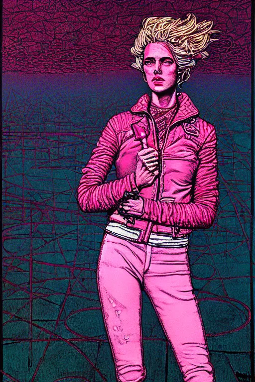 Prompt: dreamy rock girl, pink leather outfit, detailed acrylic, grunge, intricate complexity, by dan mumford and by alberto giacometti, peter lindbergh, malevich, william stout