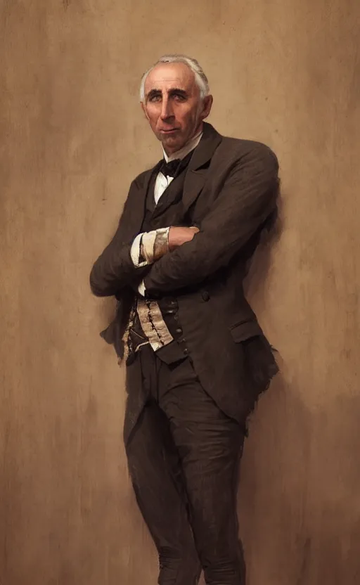 Image similar to portrait of nigel hawthorne as a middle aged victorian gentleman, suit and waistcoat, male, detailed face, victorian, highly detailed, cinematic lighting, digital art painting by greg rutkowski