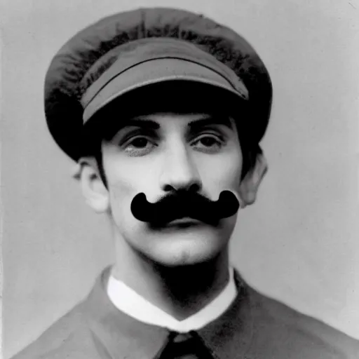 Image similar to photo of a dark haired man with long face, dark brown eyes and eyelashes, moustache, long nose, stubble wearing red newsboy cap like mario