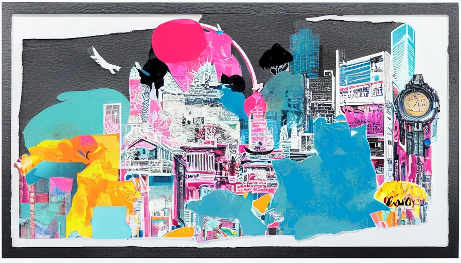 Image similar to Japan travel and adventure, minimalist negative space white acrylic base coat, mixed media collage painting by Jules Julien, Leslie David and Lisa Frank, muted colors with minimalism, neon color mixed collage cutout details