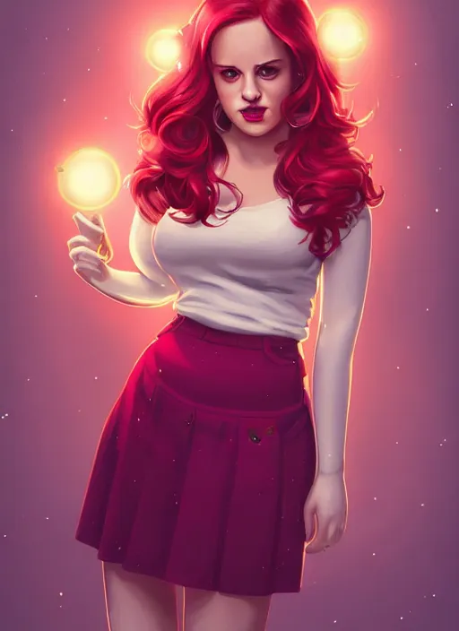 Prompt: full body portrait of teenage cheryl blossom, chubby, bangs, green eyes, sultry expression, red hair, sultry smirk, bangs and wavy hair, pink skirt, fat, intricate, elegant, glowing lights, highly detailed, digital painting, artstation, concept art, smooth, sharp focus, illustration, art by wlop, mars ravelo and greg rutkowski