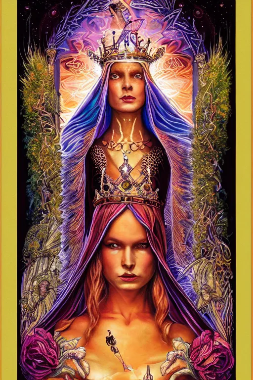 Prompt: beautiful tarot card of the queen of dreams by carol bak and dan mumford and alex grey, oil on canvas, intricate border, symmetrical, portrait, 8k highly professionally detailed, HDR, CGsociety