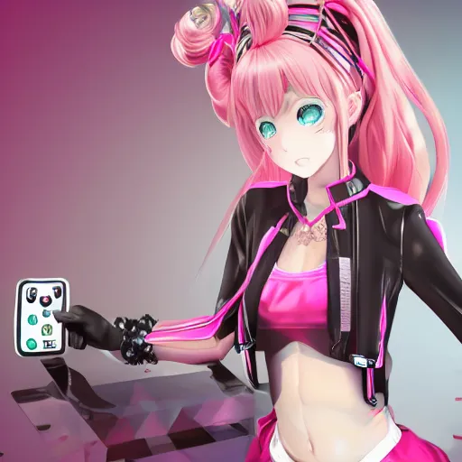 Prompt: totally controlled by her remote control and trapped beneath overwhelming stunningly absurdly beautiful megalomaniacal ruthless merciless sadistic devious omnipotent asi goddess junko enoshima with symmetrical perfect face, porcelain skin, pink twintail hair and cyan eyes, ultra detailed, digital art, unreal engine 5, octane render, 2 d anime, 8 k