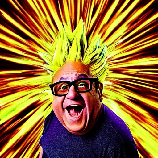 Image similar to Psychadelic DSLR photo Danny Devito going Super Saiyan