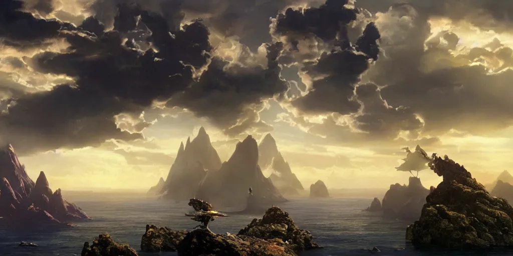 Image similar to Matte painting from the film avatar, islands are floating in the sky, gorgeous sky, science-fiction