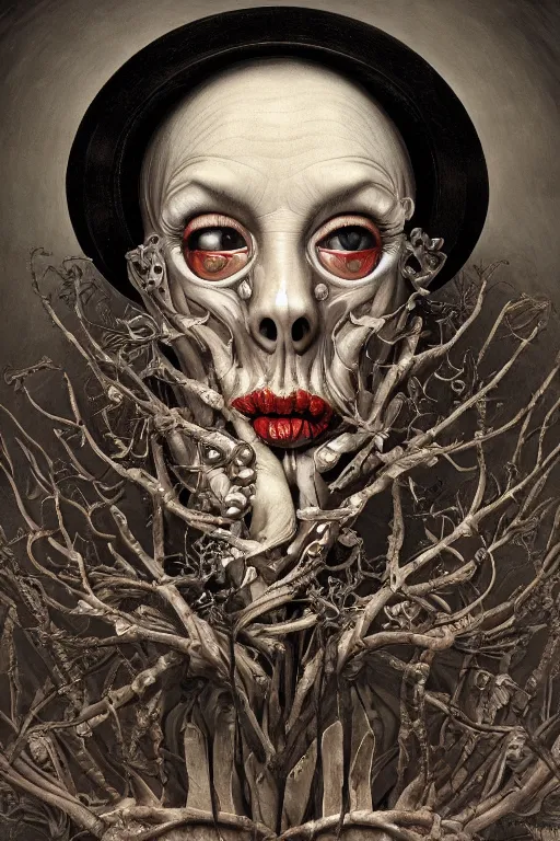 Image similar to Detailed maximalist portrait of an old woman with large lips and eyes, scared, botanical skeletal with extra flesh, HD mixed media, 3D collage, highly detailed and intricate, surreal illustration in the style of Caravaggio, dark art, baroque