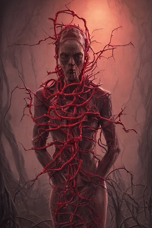 Image similar to realistic portrait beautiful detailed matte painting of cinematic movie scene a mummy, tentacles, black and red, thorns, vines, horror, created by gustave dore and greg rutkowski, high detailed, smooth draw, synthwave neon retro, intricate, realistic proportions, dramatic lighting, trending on artstation.