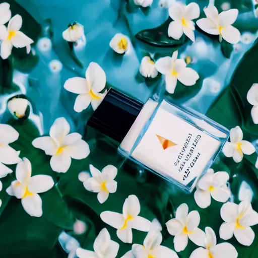 Image similar to centered bright perfume bottle sitting in shallow clear blue rippling water surrounded by a plethora of white flowers and tropical leaves and fauna upfront, with dreamy bright blue sky and clouds in the background, softly - lit, soft - warm, zen, light, modern minimalist f 2 0 clean