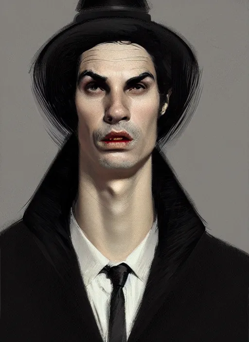 Image similar to portrait of a round faced man with a crooked nose and a confident expression, 1 9 6 0 s, black clothes, goth, punk, funk, intricate, elegant, highly detailed, digital painting, artstation, concept art, smooth, sharp focus, illustration, art by wlop, mars ravelo and greg rutkowski