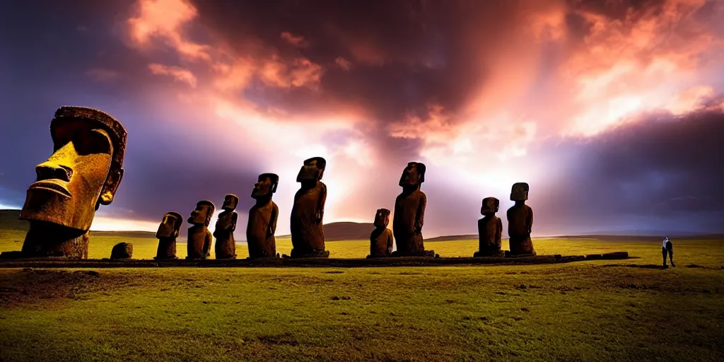 Image similar to amazing landscape photo of astronaut standing still in front of easter island statues at dusk by Marc Adamus beautiful dramatic lighting