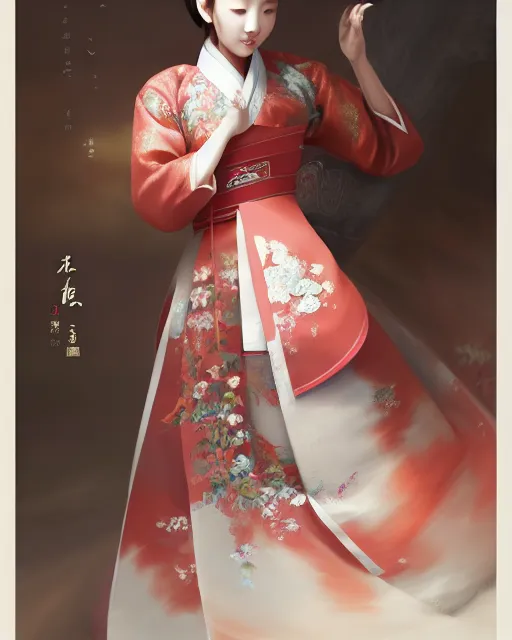 Image similar to A beautiful, young, elegant girl in Chinese hanbok, gorgeous atmosphere, full of details, matte painting, concept art, smooth, by Ina Wong and wlop ，trending on cgsociety and artstation，8kHDR，light effect，