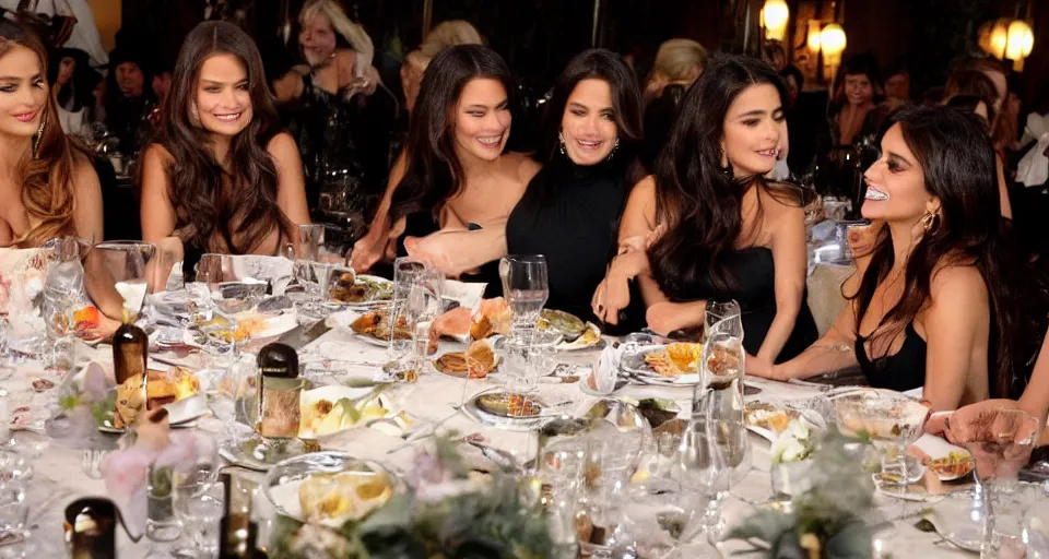 Image similar to candid group photo of sofia vergara, and salma hayek, and penelope cruz, and catherine zeta jones, and eva mendes, sitting around a long table at a dinner, laughing