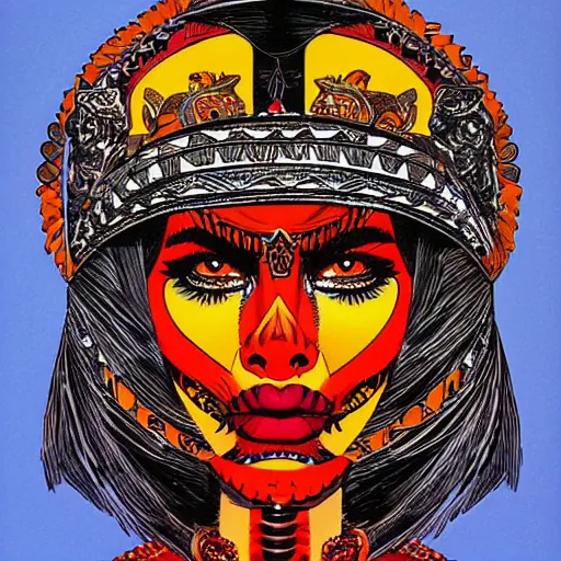 Image similar to portrait of mad aztec queen, symmetrical, by juan gimenez