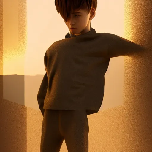 Prompt: boy in innovative avant-garde art, deco fashion, minimalistic theme, highly detailed, photorealistic portrait, golden hour, crisp quality and light reflections, unreal engine 5 quality render