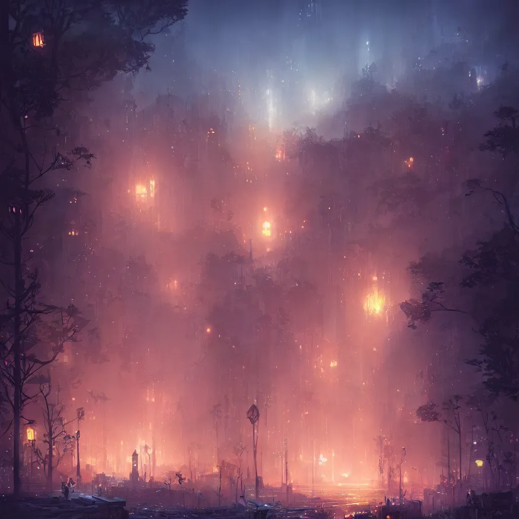 Image similar to city at night by a forest (Ori and the Blind Forest), digital painting, vivid colors, sharp render by Greg Rutkowski