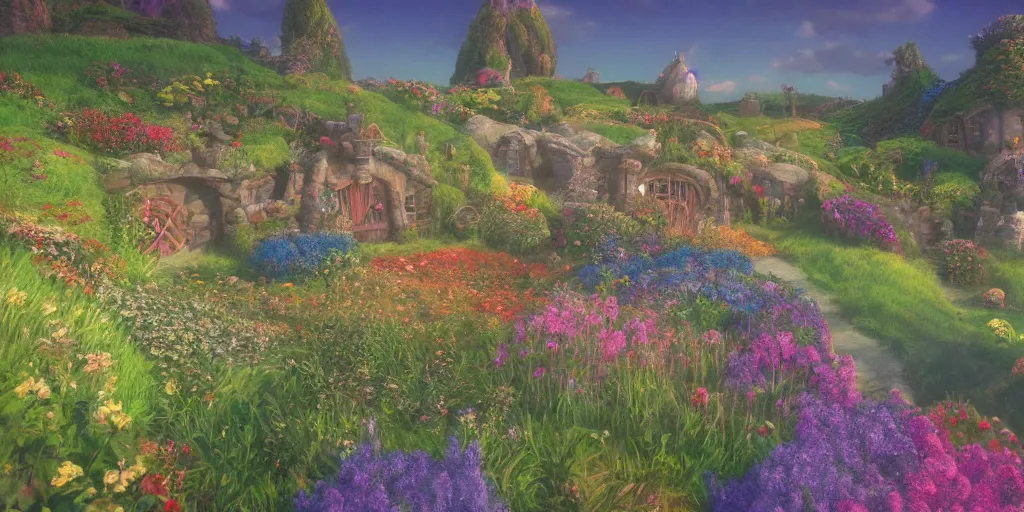 Prompt: a still of a background from howl's moving castle!!!!! of hobbiton, light bloom