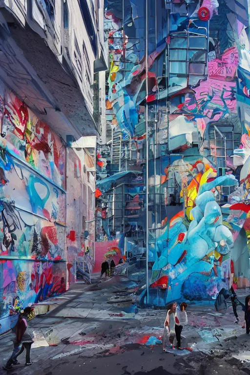 Image similar to people in a busy city people looking at a white building covered with a 3d graffiti mural with paint dripping down to the floor, professional illustration by artgerm, painterly, yoshitaka Amano, hiroshi yoshida, moebius, loish, painterly, and james jean, illustration, sunset lighting