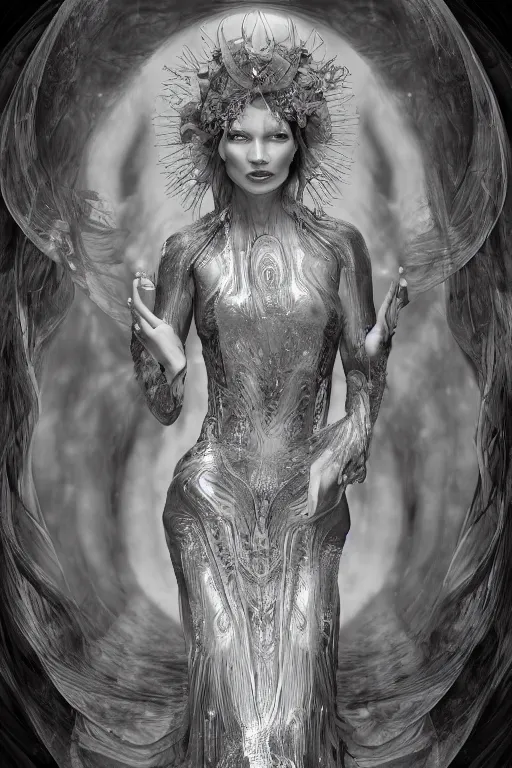 Image similar to a realistic moody photo of a beautiful ancient alien woman goddess kate moss kali standing in iris van herpen dress jewelery and fractals in style of alphonse mucha art nuvo dmt trending on artstation made in unreal engine 4