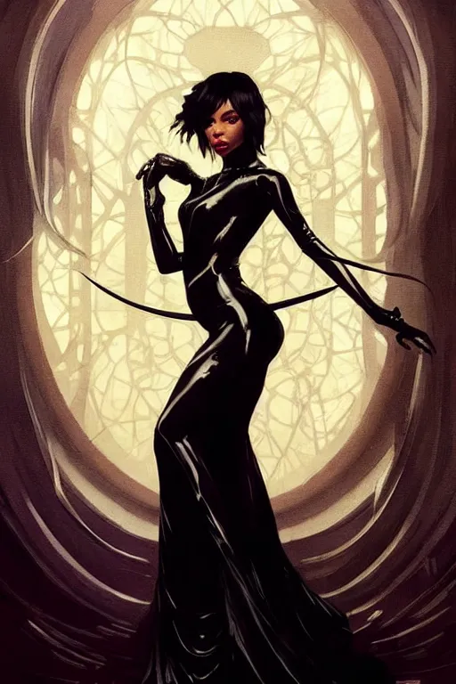 Prompt: gothic normani as aeon flux profile picture by greg rutkowski, creepy pose, flowing black gown, intricate, futuristic, fantasy, elegant, by stanley artgerm lau, greg rutkowski, thomas kinkade, alphonse mucha, loish, norman rockwell,