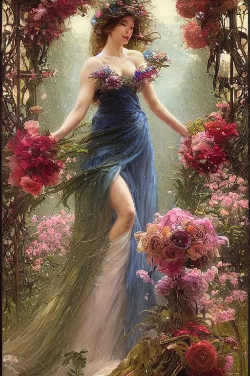 Image similar to portrait of a beautiful mysterious woman holding a large bouquet of flowing flowers, wet dripping long hair, hands disappeared under the bouquet, emerging from the water, fantasy, regal, intricate, by stanley artgerm lau, greg rutkowski, thomas kindkade, alphonse mucha, loish, norman rockwell